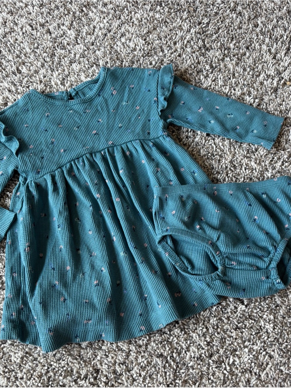 Carter's Teal Long-Sleeve Dress with Tiny Pink Floral Print
